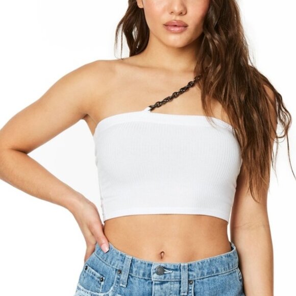 Emma & Sam One Shoulder Chain Ribbed Top Top Crop - Picture 1 of 6